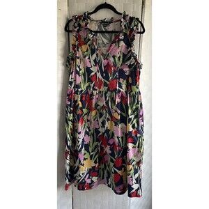 NWOT Maggy London Blue Floral Knee Length Dress Size 14 Sleeveless Ruffle V-Neck